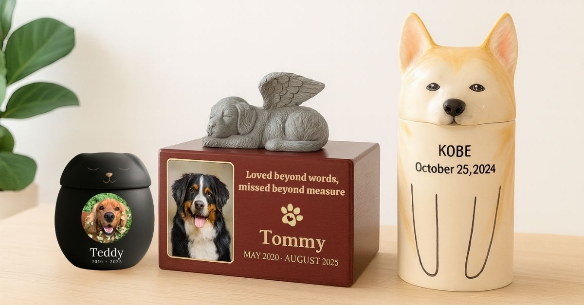 Three dog urns on a table for Teddy, Tommy, and Kobe, showing different styles and sizes for pet ashes and memorials.